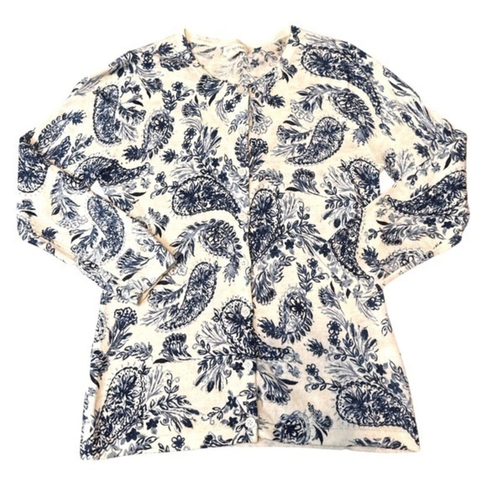 Women’s Garnet Hill Merino Wool Printed Cardigan, white & blue size xs